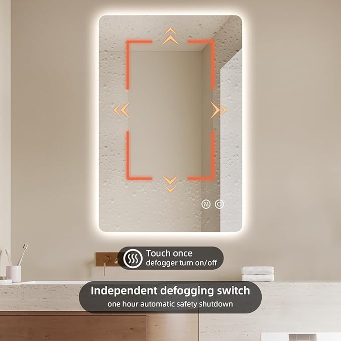 28" x 36" Backlit LED Bathroom Mirror, Smart Touch Switch, Anti-Fog Mirror, 3-Color Dimmable Lighting, CRI≥93, Wall-Mounted Vanity Mirror with Lights for Modern Bathroom (Horizontal/Vertical)