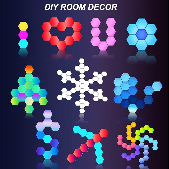 Hexagon Gaming Lights Remote Controlled, RGB LED Wall Lights Touch-Sensitive DIY Geometric Modular Light Panels with Stand, Infinitely Splicing for Gaming Living Room Bedroom TV Decor, 7 Pack