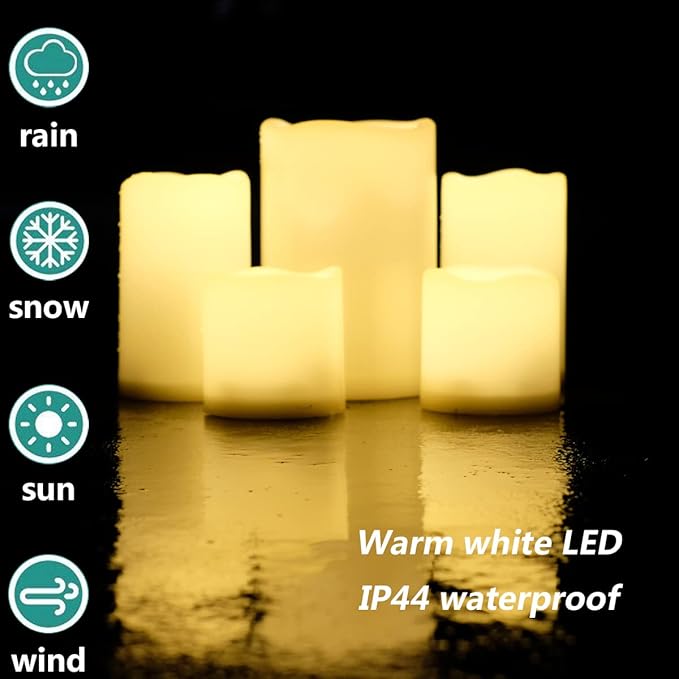 NONNO&ZGF 5 Pack Outdoor Waterproof Flameless Candles, Remote Battery Operated LED Resin Rainproof Pillar Candles (1pcs 4" x 6", 2pcs 3" x 5", 2pcs 3" x 3")