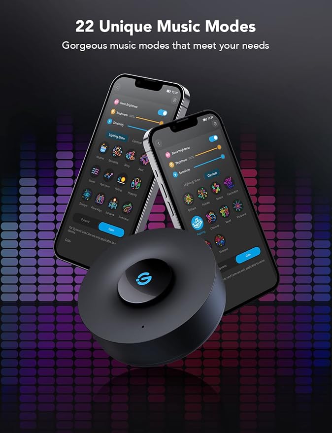 Govee Music Sync Box, Bluetooth Group Control 7 Devices, 22 Dynamic Music Modes, Battery Powered, USB Charged, Supports All Govee Smart Color Light Products
