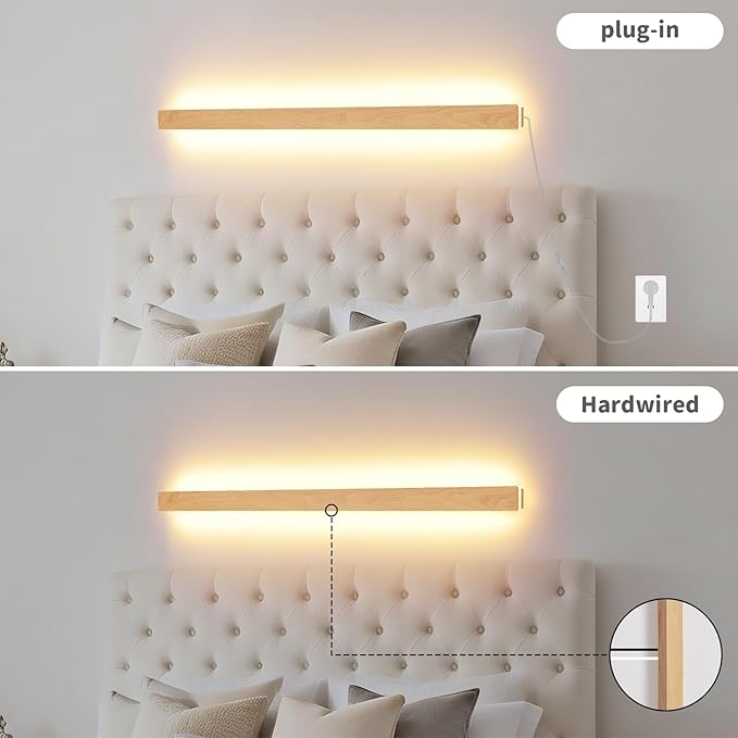 Modern Plug in Long Wall Sconce, 39.3" Faux Wood Texture Finish LED Wall Lights, 20W Warm White 3000K Acrylic Indoor Wall lamp, with 59" Plug Cable for Bedroom, Living Room, Hallway