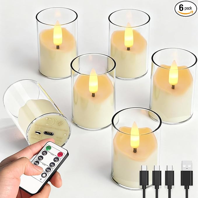 Rechargeable White Acrylic Flameless Tea Light 1.7"x2.5" with Remote Control & Timer, Flickering Warm White LED Votive Candles for Home, Wedding, Holiday Decor (Pack of 6)