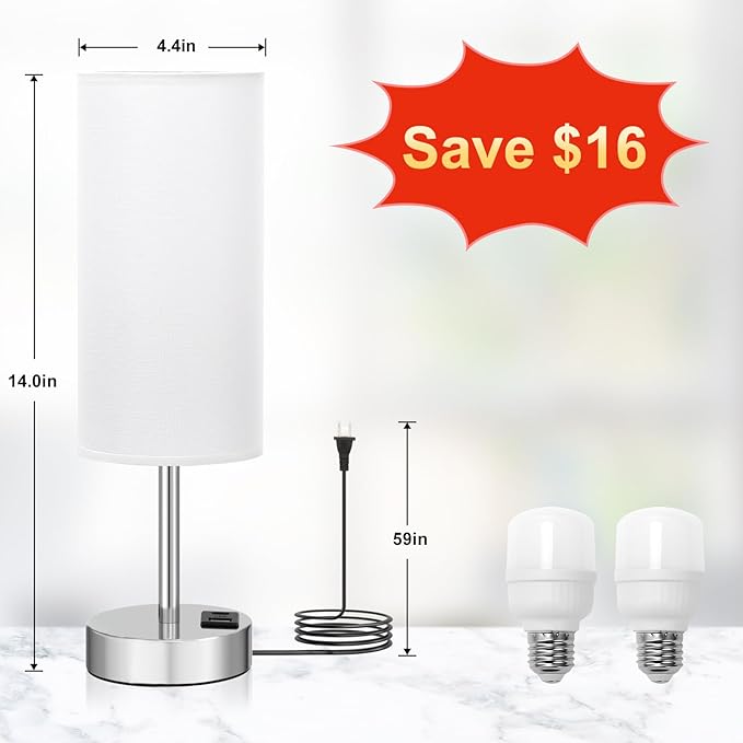 Dicoool Bedside Table Lamps for Bedroom Set of 2 - Touch Lamp for Nightstand with USB-A+C Charging Ports - 3 Way Dimmable Small Desk Lamp White for Office, Dorm Room, Living Room, Reading, Nursery