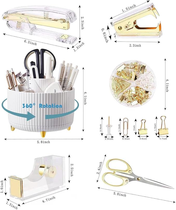 Gold Desk Organizers and Accessories Set with 360-Degree Rotating Pen Holder, Acrylic Stapler, Tape Holder, Staple Remover, Binder/Paper Clips Kit, Scissor and 1 Box of Staples