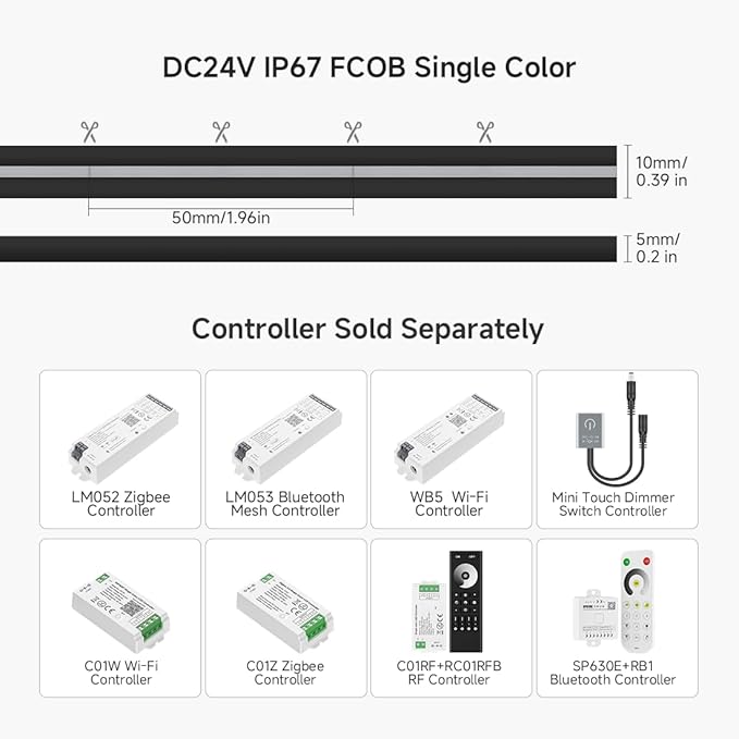 BTF-LIGHTING FCOB COB LED Strip IP67 Waterproof Flexible High Density Uniform Diffused Neon Light 16.4FT DC24V Cool White 6000K CRI 90+ LED Ribbon Black for Indoor Decor(No Adapter or Controller)