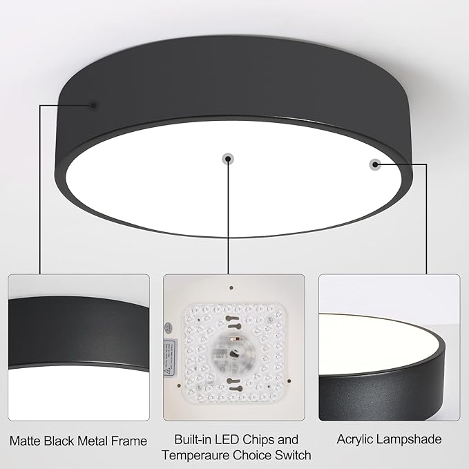 Black LED Flush Mount Ceiling Light,Modern Round Lighting Fixture, Dimmable Ceiling Lamp for Hallway,Kitchen,Entryway,11.8 Inch