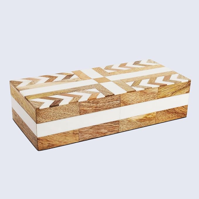 Handicrafts Home White Decorative Storage Box with Lid Wooden Coffee Table Storage Box Decorative Box Organizer for Living Room Home Decor – Resin Inlay Patisserie Adorn Collection- 10x4.5x2.5