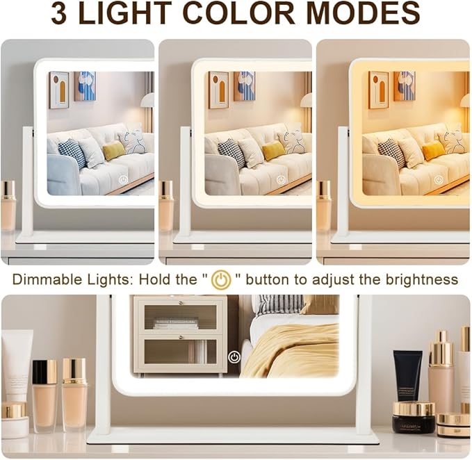 Rechargeable Vanity Mirror with Lights,14"x12"LED Lighted Makeup Mirror,Large Makeup Mirror with Lights,Touch Screen with 3-Color Lighting,Dimmable,for Vanity Desk Tabletop,Bedroom