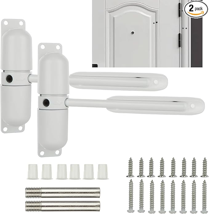 2PCS Automatic Door Closer Safety Spring Door Closers, 4-1/2"or 3-1/2” Adjustable Closing Door Hinge Black & White Door Closer Auto for Self-Closing, Residential, Commercial (White)