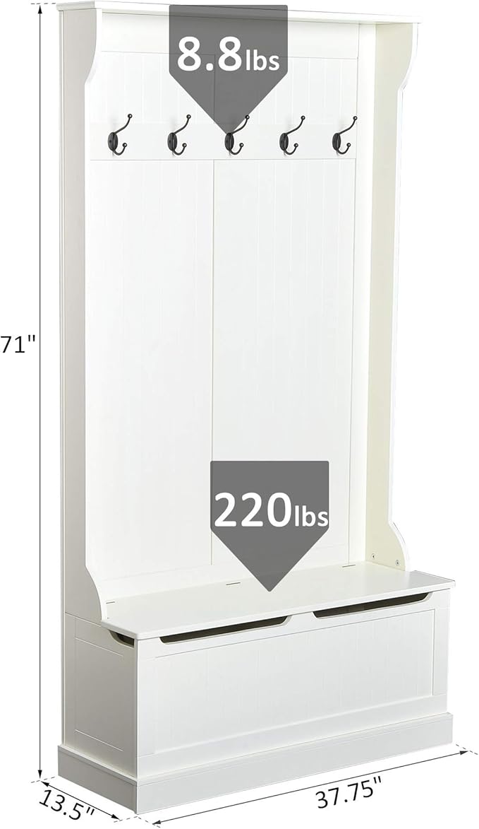 HOMCOM Hall Tree with Bench and Shoe Storage, 3-In-1 Entryway Bench with Coat Rack, 5 Hooks and Flip Top Storage Compartment, Cream White