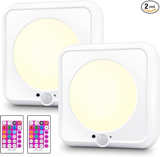 BIGMONAT Motion Sensor Light Battery Operated, Wireless Ceiling Light with Remote, Dimmable Color Changing Light for Shower Closet Pantry Hallway Cabinet Bedroom Dorm Bathroom, 250LMs, 2 Pack
