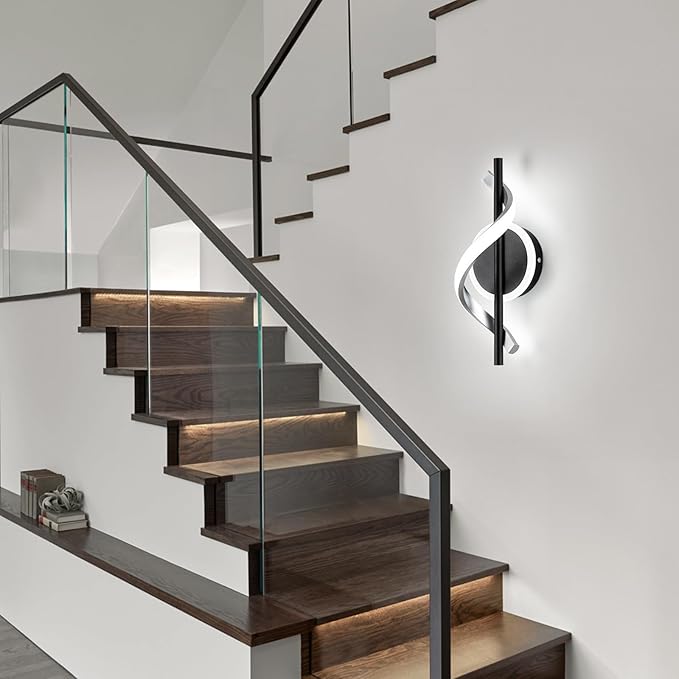 LED Wall Sconces Indoor, 12W LED Wall Mount Lights, Modern Spiral Wall Lamp, 6000K Cold Light Fixture for Stairs, Living Room, Bedroom, Aisle, Hallway (Cold White, Black)