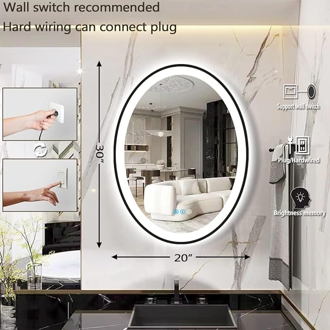 THEKLA 20 x 30 inch Black Framed Oval LED Mirror for Bathroom Wall Oval Lighted Vanity Mirror with Lights Black Frame Smart Memory 3 Color Dimmable Front Lit Anti-Fog 30" Black Ovals Light up Mirrors