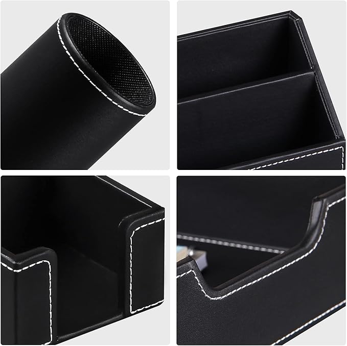 Office Desk Organizer and Workspace Accessories Storage Caddy for Men, Black Leather 6 PCS Set- Pencil Cup, Business Card Holder, Sticky Note Dispenser, Mail Sorter, Letter Tray, Magazine Holder