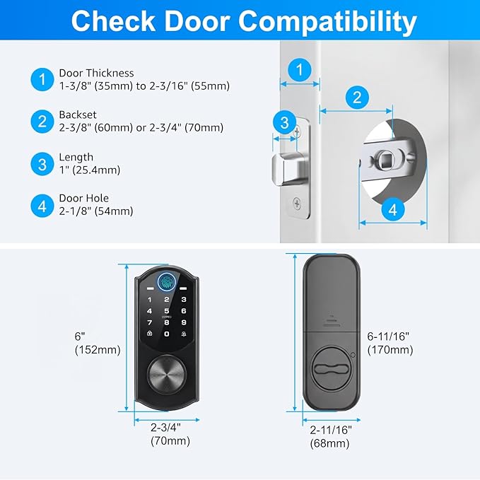 WiFi Smart Lock with Fingerprint, Keyless Entry Door Lock for Front Door, Built-in WiFi, Touchscreen Keypad Deadbolt, App Remote Control, Auto Lock, Easy Installation