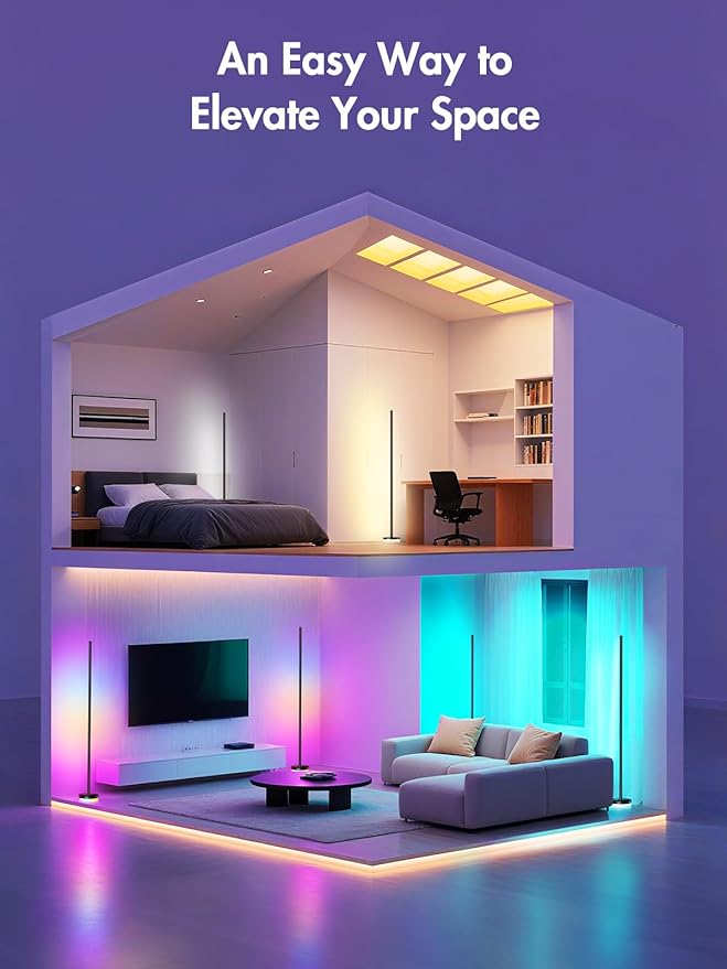 Corner Floor Lamp 2 Pack,RGBICW LED Corner Lamp with 1300lm Smart Modern Floor Lamp,App & Remote Control,Music Sync,Color Changing Standing Lamp for Bedroom Living Room and Gaming Rooms