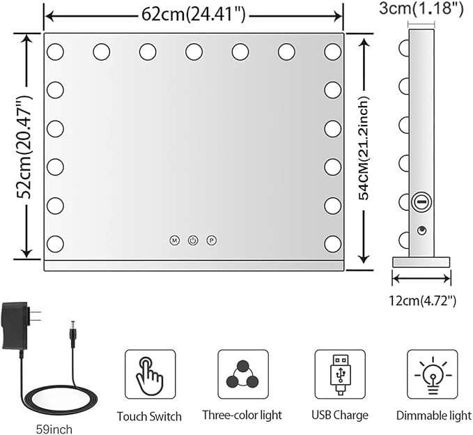 Kottova Vanity Mirror with Lights, 24.4"x21.2" Lighted Makeup Mirror with 3 Dimmable Color Modes,17 LED Hollywood Mirror with Touch Control, USB Charging Port, Tabletop & Wall-Mounted (White)