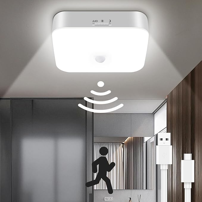 TOOWELL Waterproof Rechargeable Shower Light Indoor - 10000mAh Motion Sensor Closet Lights, Battery Operated Ceiling Light for Shower Closet Patio Pantry Hallway Porch Stair