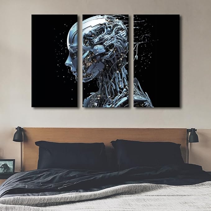TUMOVO Wall Art for Living Room Female Robot Face Pictures Print on Canvas, Artificial Intelligence Wall Decor 3 Piece Modern Canvas Wall Decoration Giclee Artwork Giclee Ready to Hang, 60" Wx40 H