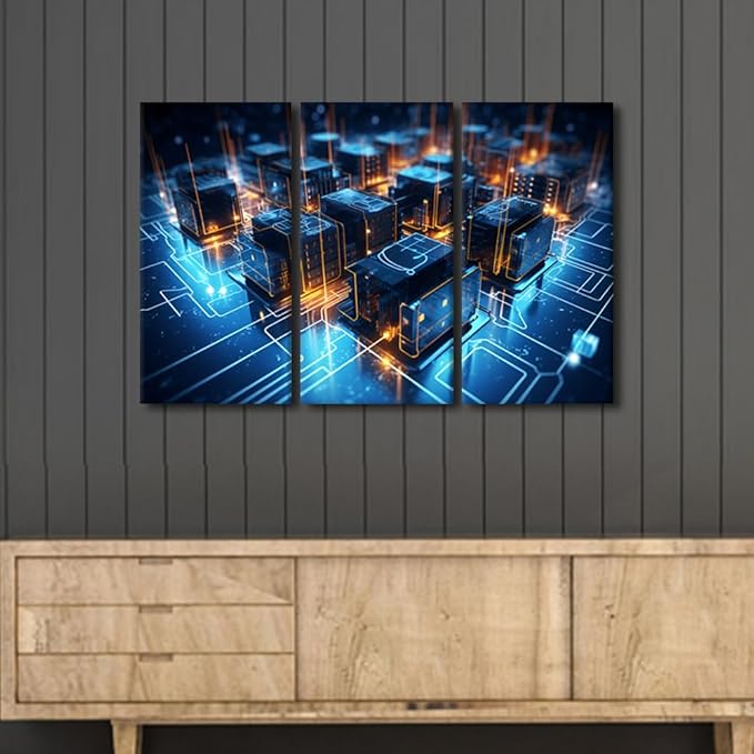 TUMOVO 3 Panel Wall Art for Living Room Artificial Intelligence Artwrok Picture Poster, Digital Network Posters and Prints for Home Wall Decoration, Wooden Framed Ready to Hang, 42" Wx28 H