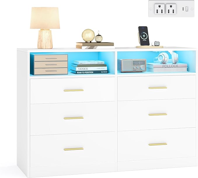 VASAGLE Custos Collection - Dresser for Bedroom, with LED Lights and Power Strip, Chest of Drawers, Modern, TV Stand for Living Room, 6 Drawers, 15.8 x 46.9 x 32 Inches, Cloud White ULTS316WB01S