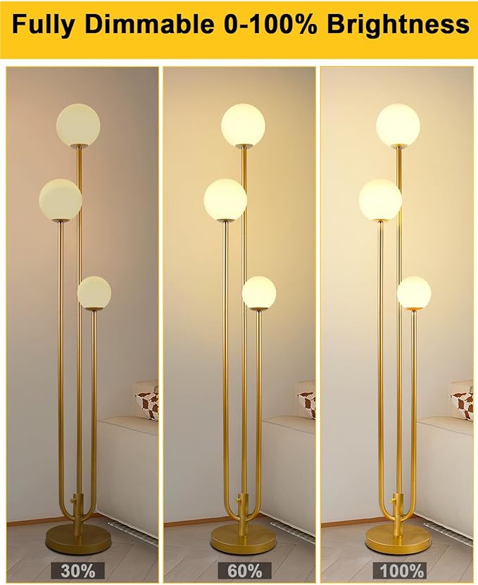 Lightdot 63IN Gold Floor Lamp Dimmable 3-Lights Globe LED Floor Lamps with Bulbs Included for Wedding/Party Candle Holder Style Tall Standing Lamp for Living Room/Bedroom/Sofa Beside/Corner Decor