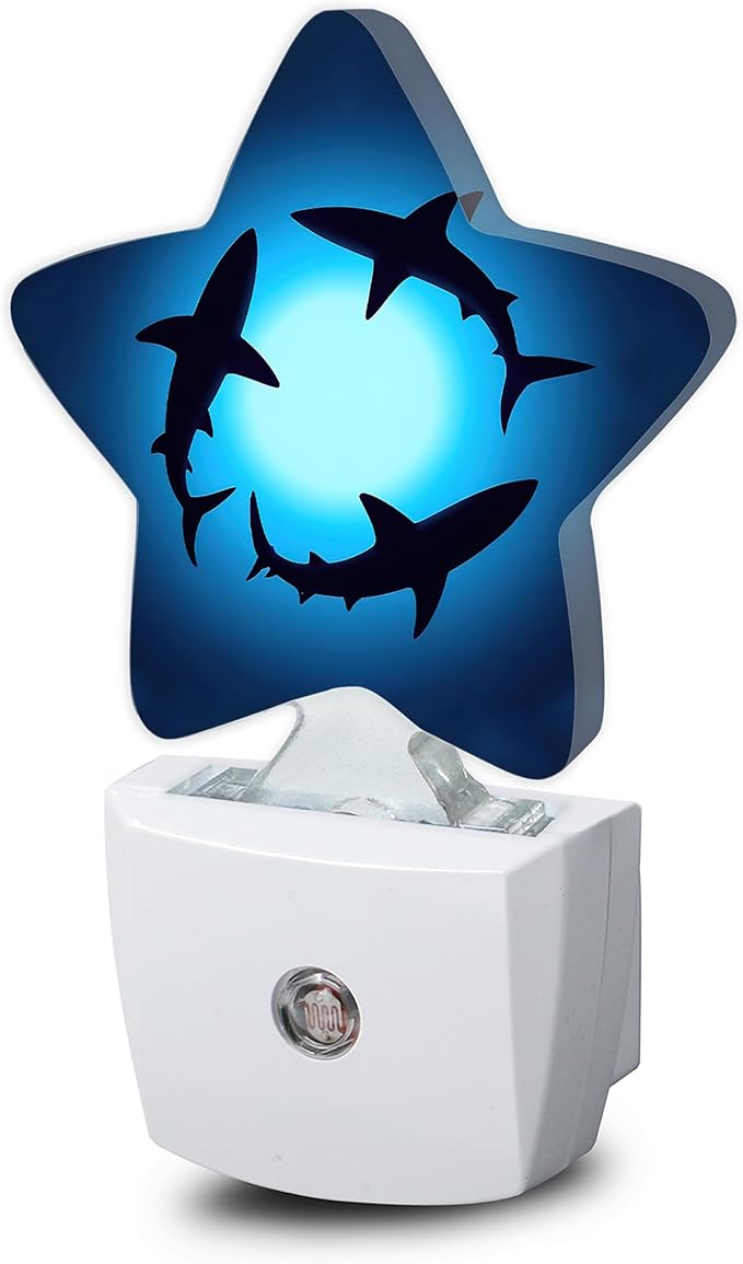 Night Light,Coastal Shark Plug into Wall with Dusk to Dawn Light Sensors,Blue Ocean Sea Warm Star Nightlights for Bedroom,Bathroom,Hallway,Kitchen Home Decor Desk Lamp