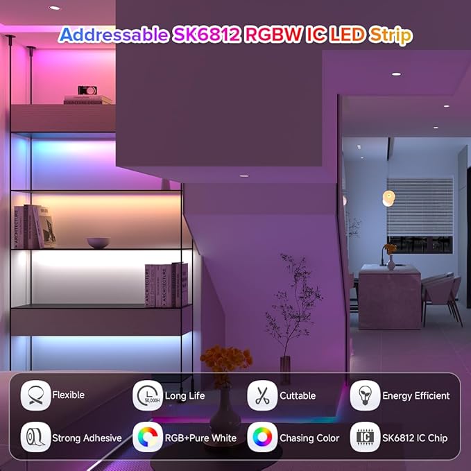 BTF-LIGHTING SK6812(Similar WS2812B) UL Listed RGBW RGB+Natural White(4000K) Individually Addressable DC12V 16.4FT 30LED/m 4 Color in 1 Light Dream LED Strip IP65 White PCB(No Adapter or Controller)