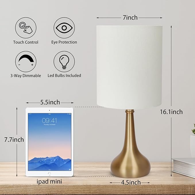 Boncoo Set of 2 Bedside Touch Lamps, 16 Inch Dimmable Small Nightstand Lamp, Night Light Lamp Simple Touch Table Lamp with Brass Metal Base for Living Room Bedroom Office, A19 3000K Led Bulb Included