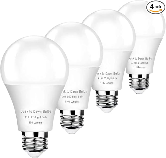 4 Pack Dusk to Dawn LED Light Bulbs 10W(75W Equivalent), 3000K Soft White 1100LM,E26 A19 Automatic Sensor Bulb, Built-in Photocell Detector for Garage Door, Porch, Outdoor Lighting(Non-Dimmable)