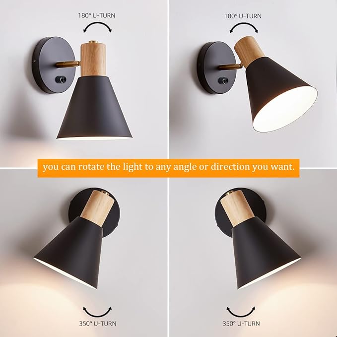 ClanKin Wall Sconces, Modern Nordic Design, 2 Pack-Black, E26, Rotateable, Industrial Bathroom Bedroom Lighting Fixture, Wall Mounted
