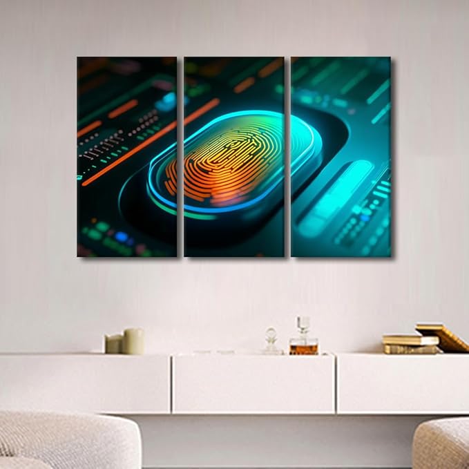 Modern Wall Art 3 Panel Concept of Cybersecurity and Data Protection Print on Canvas Wall Decoration, Stretched Framed Cybersecurity Artwork Gallery-Wrapped Ready to Hang, 60" Wx40 H