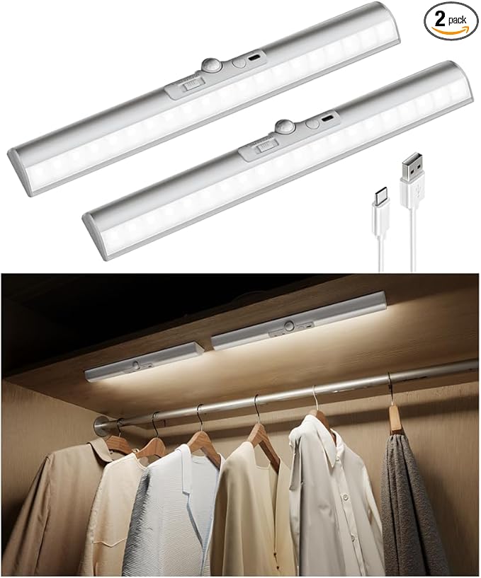 EZVALO 15in Motion Closet Lights with Rotatable Sensor, Rechargeable Under Cabinet Lighting, No-Glare, 3 Color Temps & Dimmable LED Sensor Light Indoor for Pantry, Wardrobe - 2Pack