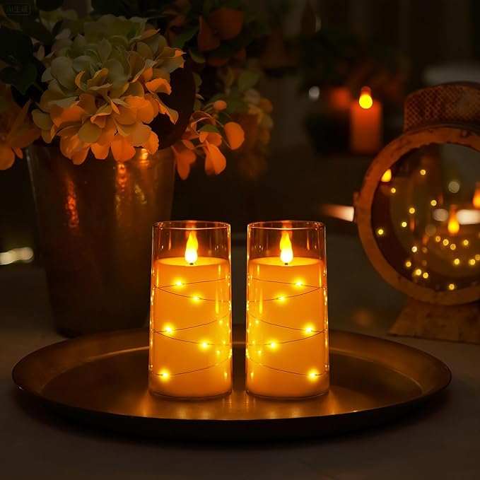 Homemory Flameless Candles with Embedded Star String Fairy Lights, Battery Operated Candles, LED Candle, Fake Candles with Remote Control and Timer, Gold, Set of 2(H 6" 6")