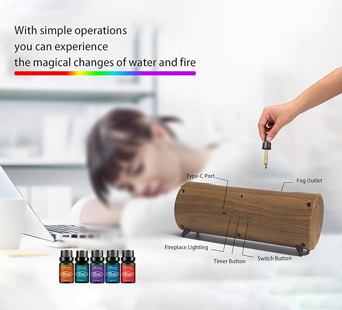 Flame Fireplace Aroma Diffuser-Aromatherapy Essential Oil Diffusion-7 Flame Colors-Noiseless Clean air-Wood Shape-nimi Tabletop Fireplace humidifier for Home Bedroom Office （Wooden Grain）