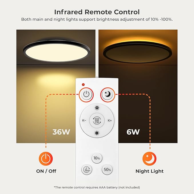 Matane 15.4in LED Flush Mount Ceiling Light Fixture with Remote, 2000K Warm Nightlight, Dimmable 3000K-6500K Low Profile Ceiling Lights for Bedroom, Living Room, 3600LM Black