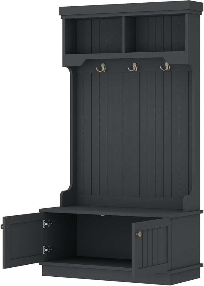 Modern Hall Tree with Storage Shoe Bench, 4-in-1 Design Coat Racks with Shoe Bench and Hooks, Multifunctional Hall Tree for Living Room, Entryway and Hallway (Black/44f)