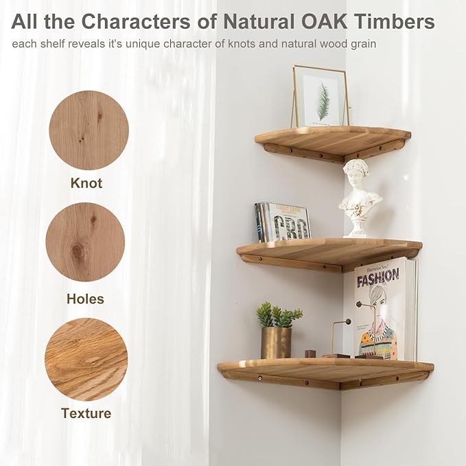 Corner Shelves, Floating Corner Shelf, Set of 2 16inch Solid Oak Wood Wall Shelves, Round End Wall Mount Display Shelf with Wire Hole for Bedroom Kitchen, Living Room (Oak, 16in 2P)