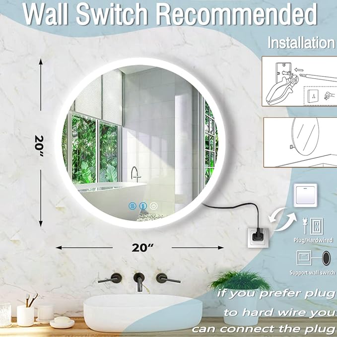 20 Inch Backlit Round Bathroom Mirror with Lights Antifog Smart Memery 3 Color Dimmable Backlit Frameless Round Lighted Vanity Mirror for Bathroom Wall LED Circle Mirrors with Backlits