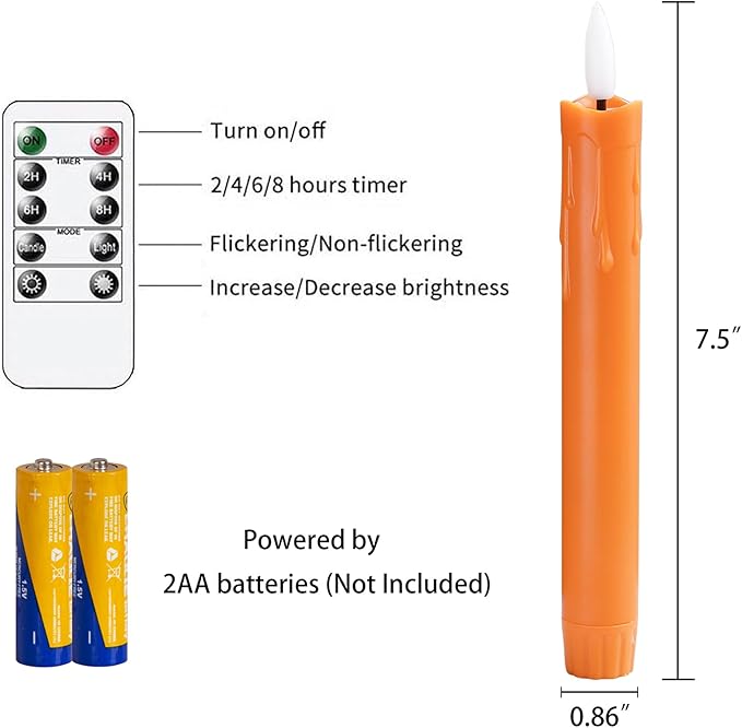 Flameless Flickering Taper Candles Two Remote,7.5 Inch Orange Battery Operated LED Window Candles Timer,Set of 8 Plastic 3D-Wick Dripping-Wax Effect Flameless Candlesticks(0.86”Dia,Warm Fire)