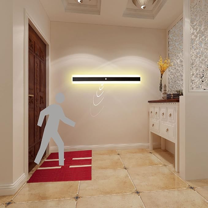 Motion Sensor Wall Light Black Metal IP65 Waterproof Wall Sconces Bedside Decoration Background Linear Lighting Wall Lamp Warm White Long Strip for Corridor Patio Courtya,40cm