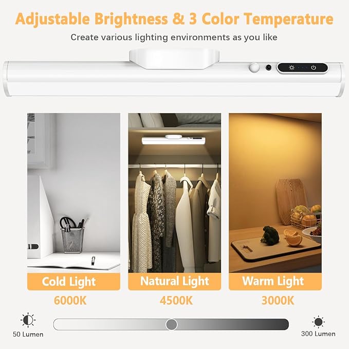 Hapfish Motion Sensor LED Light Bar Indoor, Rechargeable Under Cabinet Lighting Wireless, Magnetic Battery Powered Operated Wall Strip Lights with Remote Control for Mirror Closet Counter - White