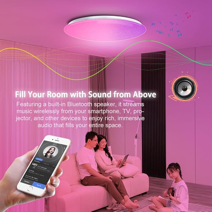 1-Pack, 19 inch Smart LED Music Ceiling Light with Bluetooth Speaker, Compatible with Alexa & Google Home, Color Changing RGB Dimmable Light for Living Room, Bedroom, Kitchen