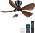 Ceiling Fans with Lights and Remote/APP Control, 30 inch Low Profile Ceiling Fans with 5 Reversible Blades 3 Colors Dimmable 6 Speeds Ceiling Fan for Bedroom Dining Room, Wood Color