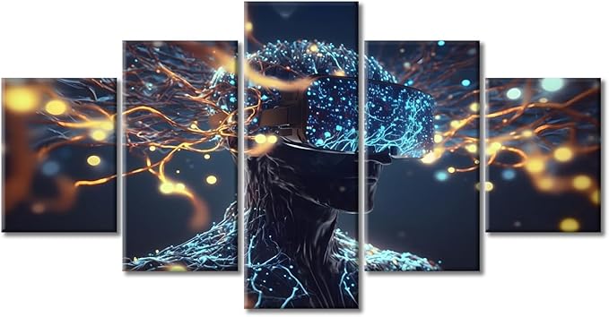 Cyborg Science Brain with Neurons Canvas Wall Art Brain Neural Human Head Posters & Prints Artwork Contemporary Home Decor Stretched Canvas Picture for Living Room Bedroom Home Office, (60" Wx32 H)