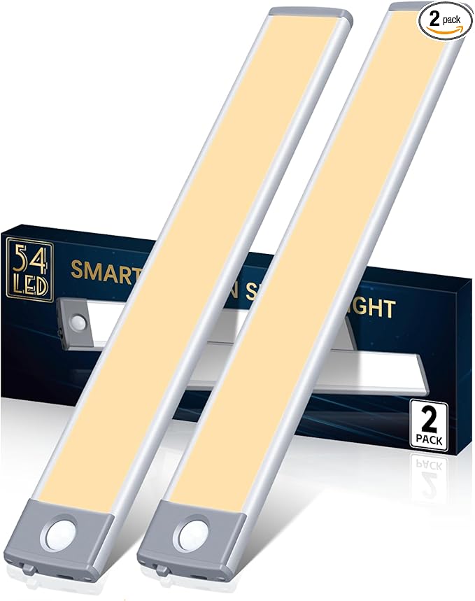 PRIORARE Under Cabinet Lighting 54 LED Motion Sensor Closet Light, 2500mAh Rechargeable Ultra Thin Magnetic Closet Lighting, 350lm Led Wireless Lights for Kitchen, Stairs(Warm White, 2Pack)