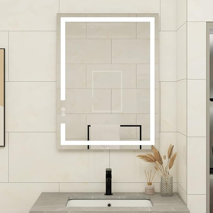 36 X 28 Inch LED Bathroom Vanity Mirror, 3 Colors Light Dimmable, Wall Mounted Memory Lighted Makeup Mirror with Anti-Fog Touch Switch (Front-lit&Backlit)