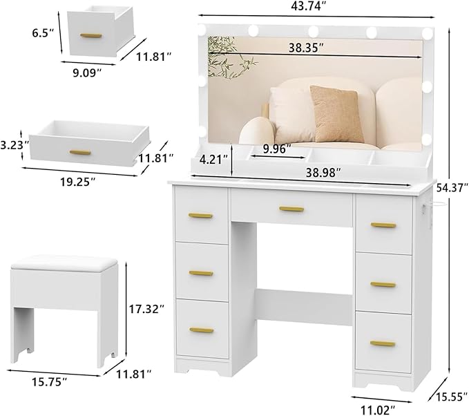 44" Vanity Desk with 38" Large Mirror and 9 LED Lights & Glass Top and Power Outlet, Makeup Vanity Set with 7 Drawers & Chair and RGB Ambient Light, Dressing Table for Bedroom, Modern White