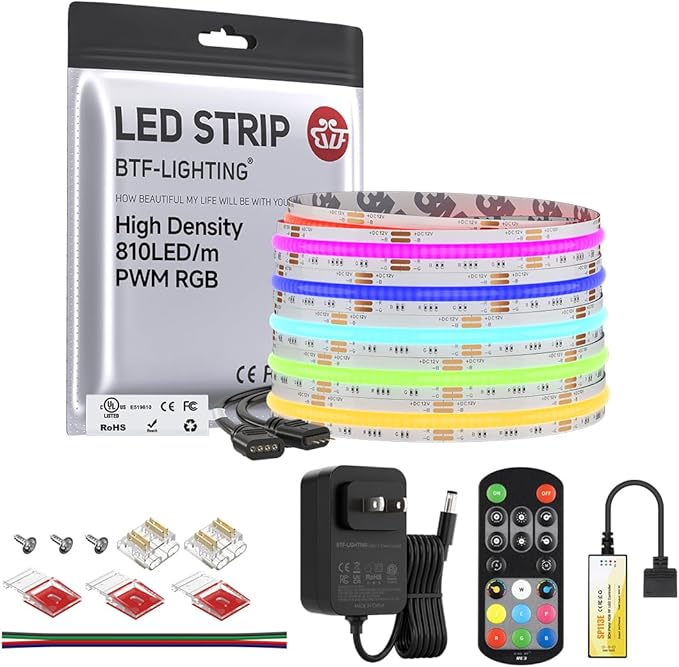BTF-LIGHTING FCOB RGB COB LED Strip Lights Kit UL Listed 810LED/m 16.4FT 10mm Width Color Changing Flexible LED Tape for Bedroom Party Decor, with RF Remote and ETL 12VDC Power Supply
