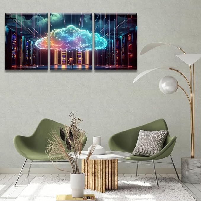 LSIUHWUWI Wall Art for Living Room Multi Panels Modern Wall Decor Cyber Security, Cloud Managed, Circuit Board Posters and Prints for Living Room Wall Decoration,Framed Ready to Hang, 12x16inchx3